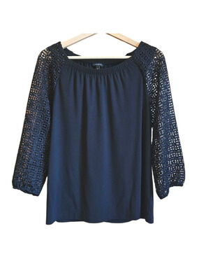 Talbots Lace Ponte Long Sleeve Blouse Black Women's Medium